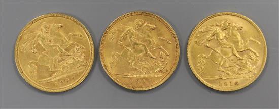 A George V 1914 half sovereign and two Victoria 1894 half sovereigns.